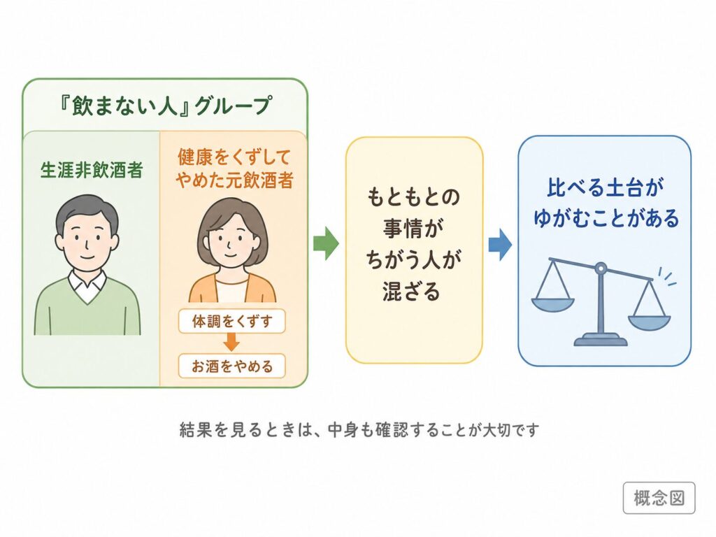 飲酒研究における「飲まない人」グループに、健康を損なって断酒した元飲酒者が含まれることで結果が歪む仕組みを示した図