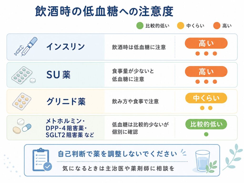 糖尿病治療薬の種類別に、飲酒時の低血糖への注意度を整理した表