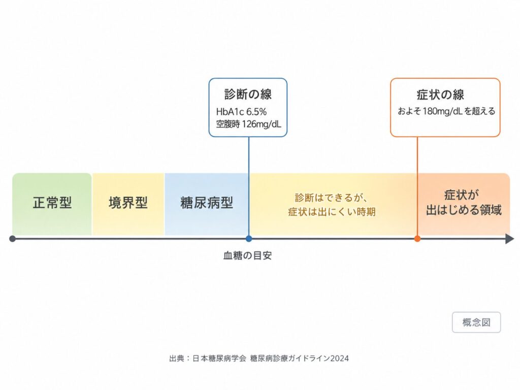 血糖値の数直線。糖尿病と診断される値と、自覚症状が出はじめる値のあいだに大きな差があることを示す図 