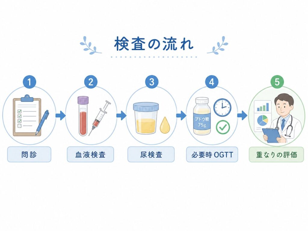 問診から血液・尿検査、追加検査までの流れを示す図
