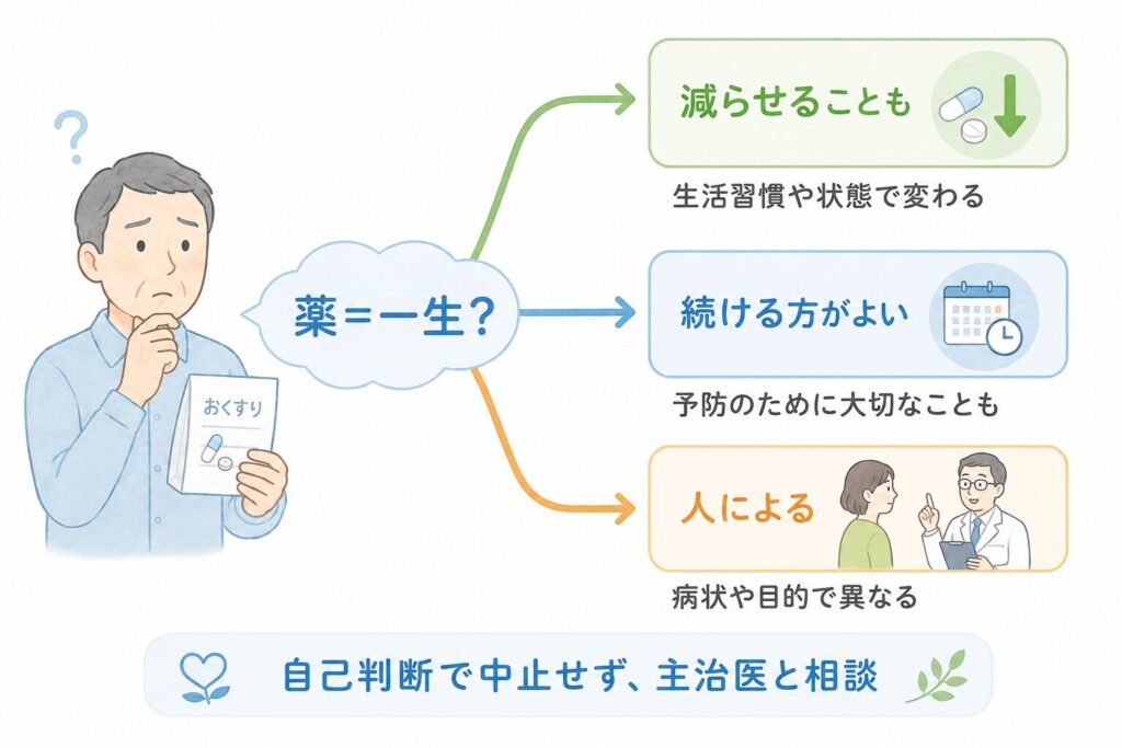 糖尿病の薬が一生とは限らず、人によって減らせる場合と続けた方がよい場合があることを示す図
