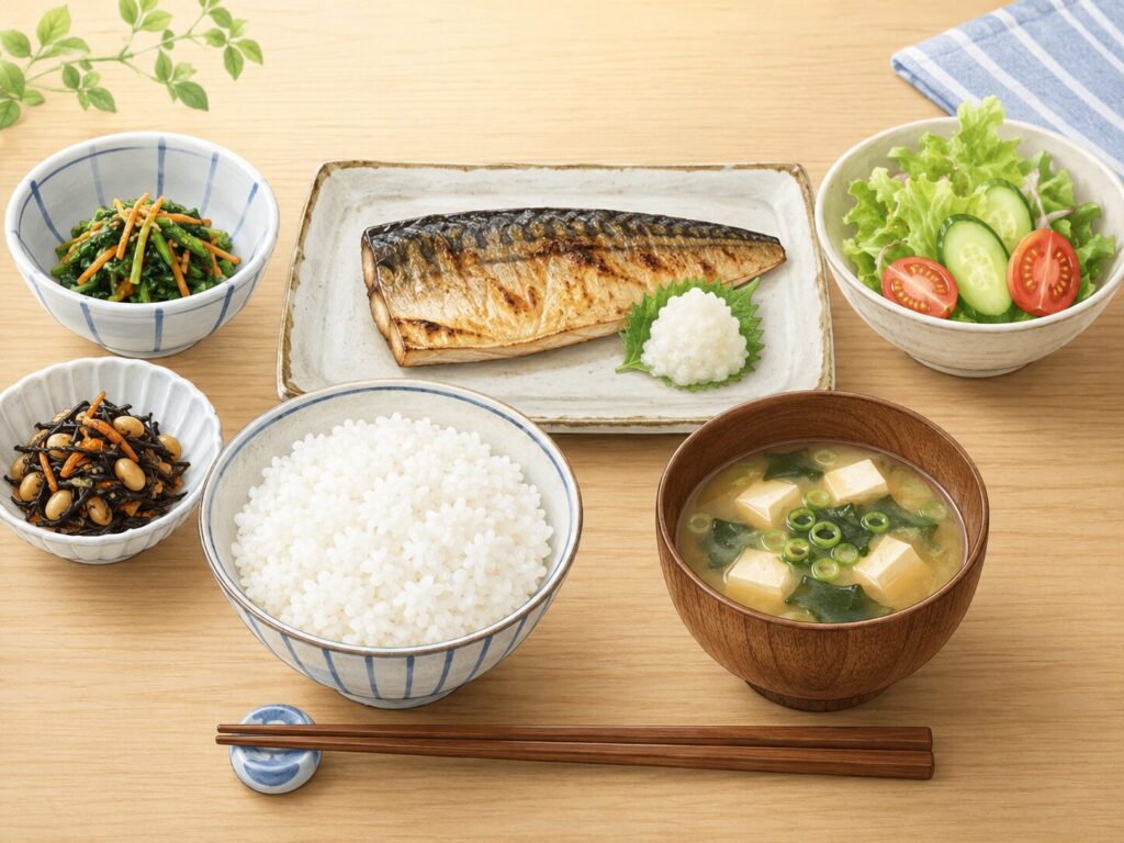 糖尿病の食事療法のイメージ。ご飯・味噌汁・焼き魚・野菜の小鉢が並んだ一般的な和定食
