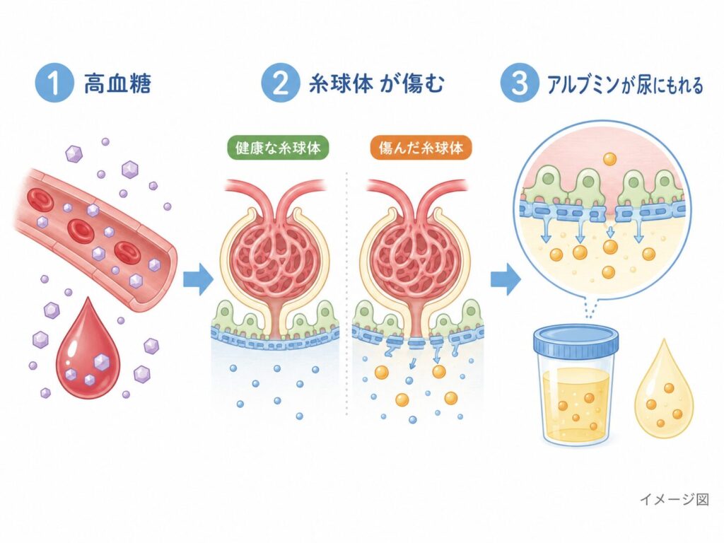 高血糖で糸球体が傷み尿にアルブミンがもれる流れを示す図