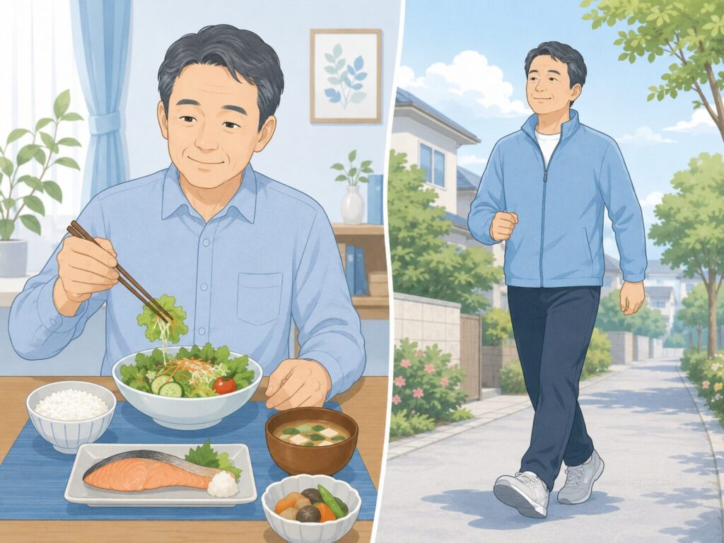 野菜を先に食べる・食後に歩くなど血糖値スパイク対策の工夫を示したイラスト