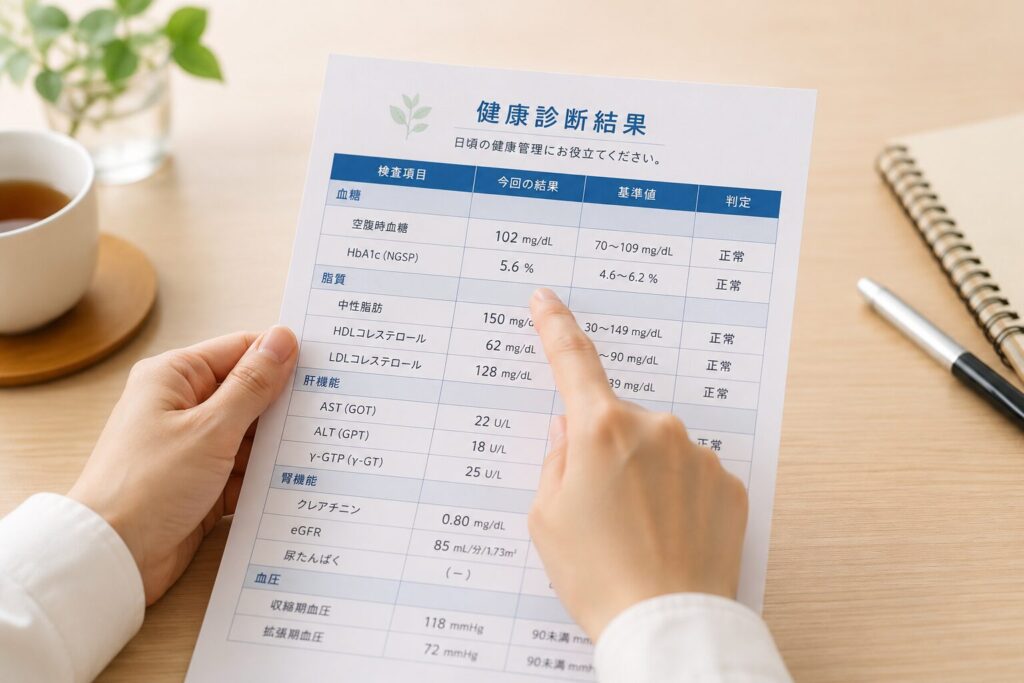 健診結果の血糖値・HbA1cの欄を確認している様子