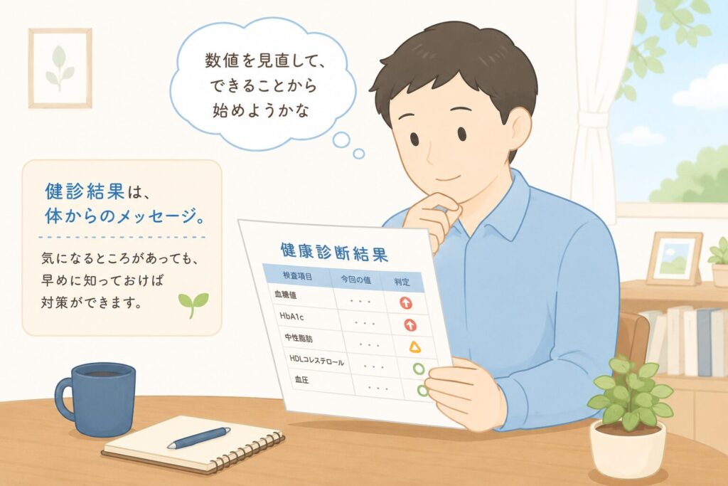 健診結果を見て糖尿病について考える人