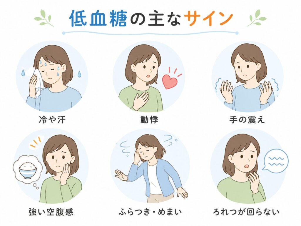 飲んだあとに次のサインが出たら、低血糖を疑ってください