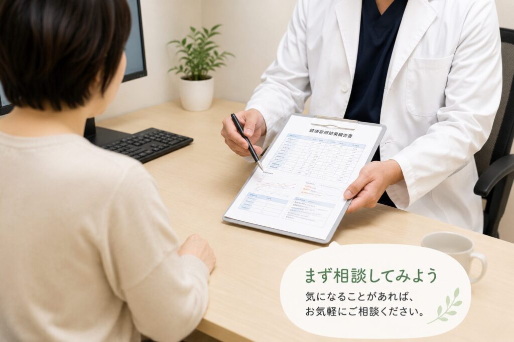 健診結果を持って医師に糖尿病について相談する様子のイメージ 