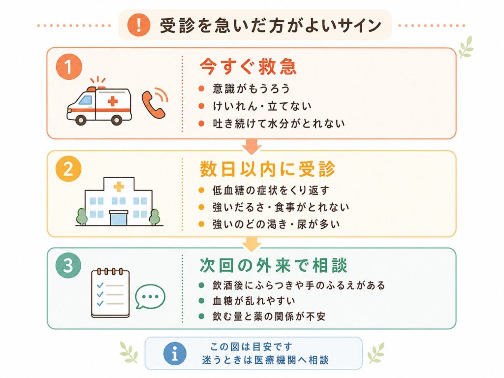 飲酒に関連した症状の緊急度別の対応の目安を示したフロー図