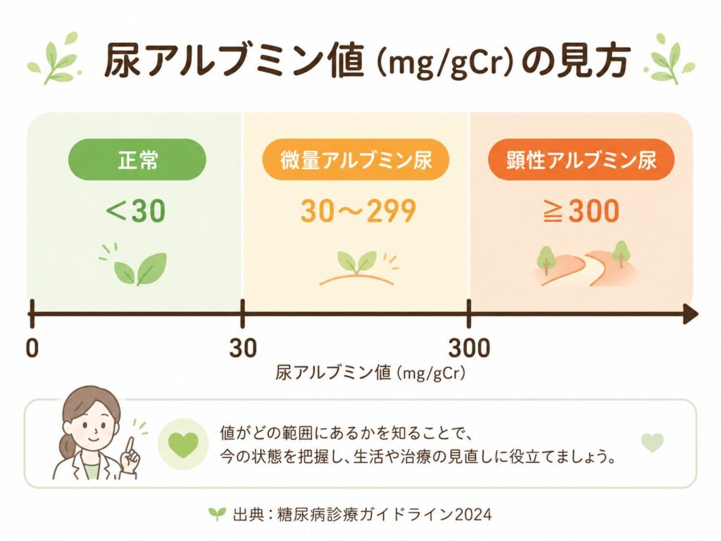尿アルブミン値の分類を示す数直線(正常・微量アルブミン尿・顕性アルブミン尿)