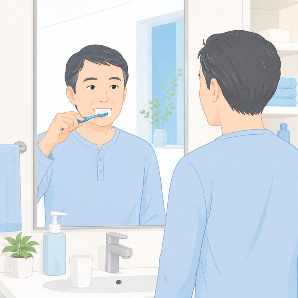 毎日の歯みがきで口腔ケアを行う様子のイラスト