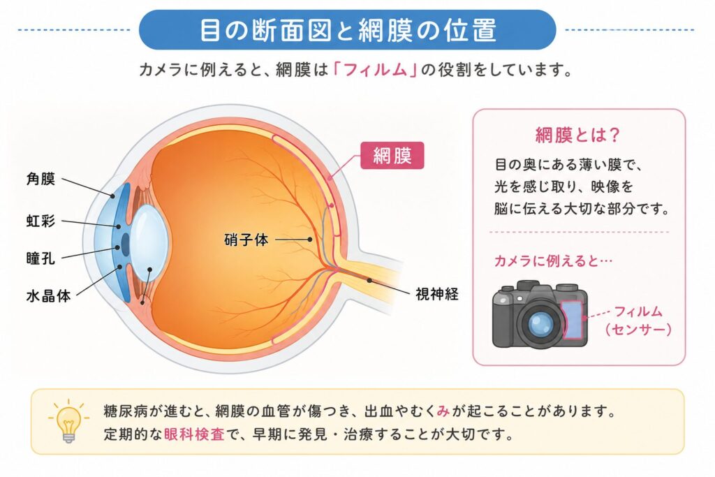 目の断面図と網膜の位置を示す図