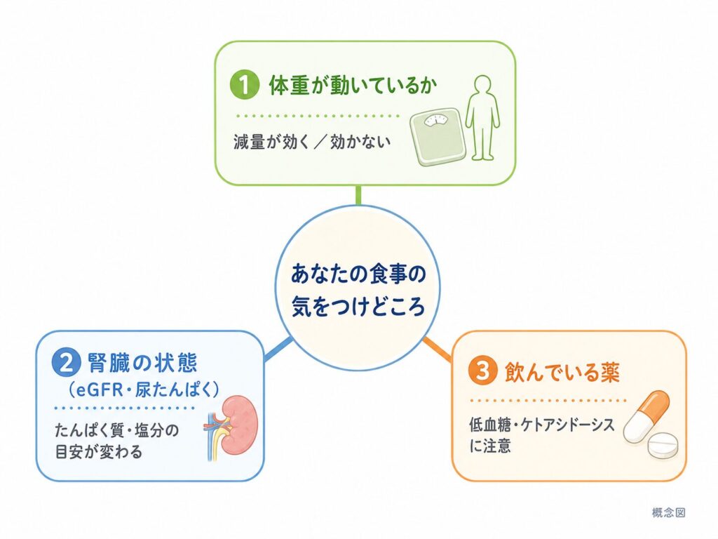 糖尿病の食事で気をつける点を決める3つの要素（体重・腎臓の状態・服用中の薬）を示した図 
