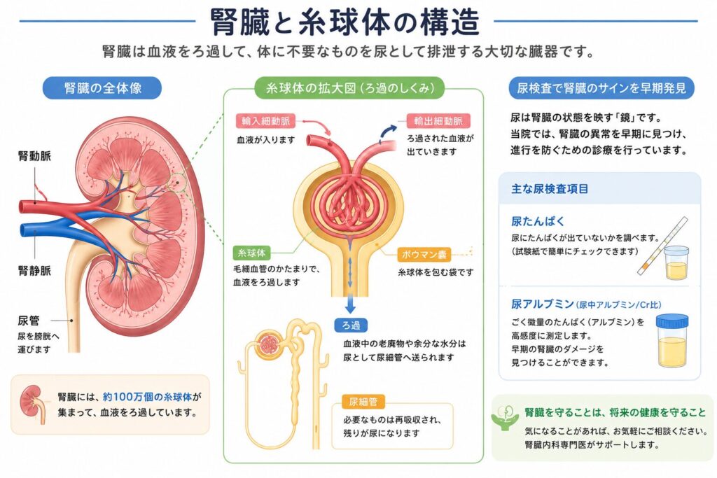 腎臓と糸球体の構造を示す図