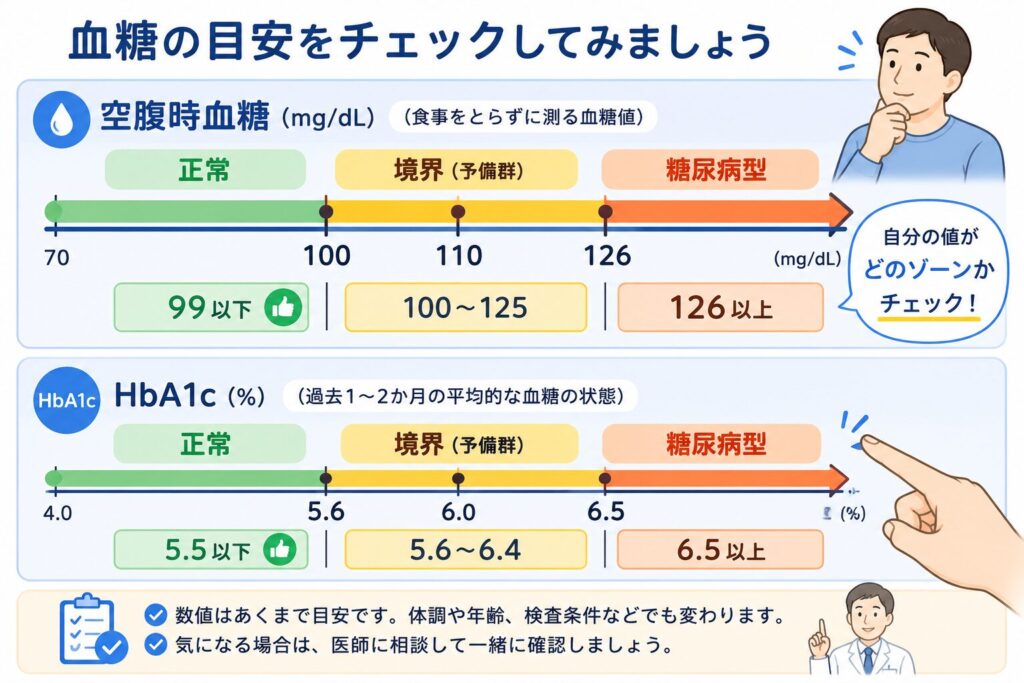空腹時血糖とHbA1cの正常・境界・糖尿病型の範囲を示す帯グラフ