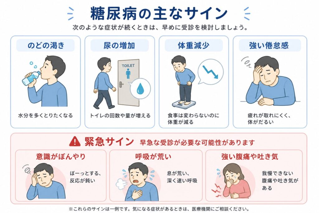 口の渇き、頻尿、体重減少、強い倦怠感を表すアイコン