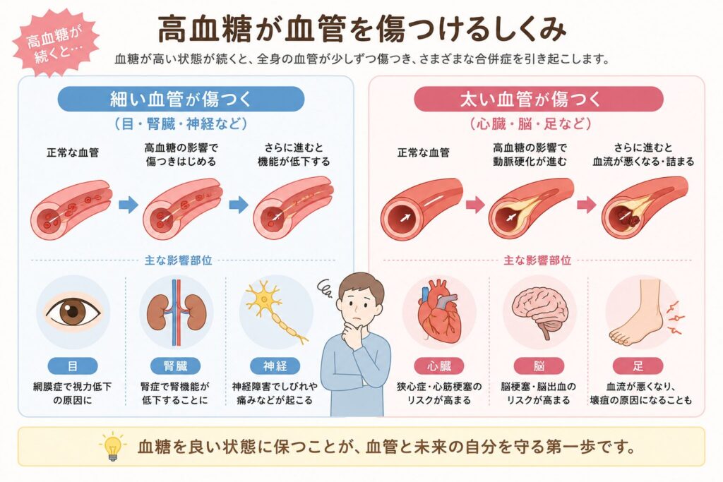 高血糖で傷つく細い血管と太い血管の図