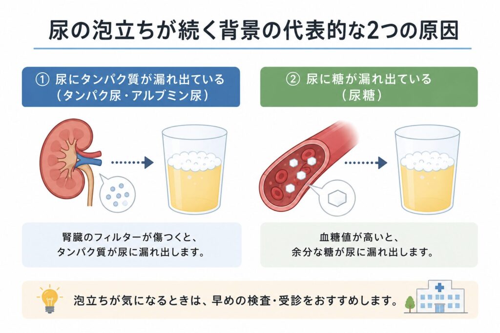 尿の泡立ちの原因（尿糖・蛋白尿）
