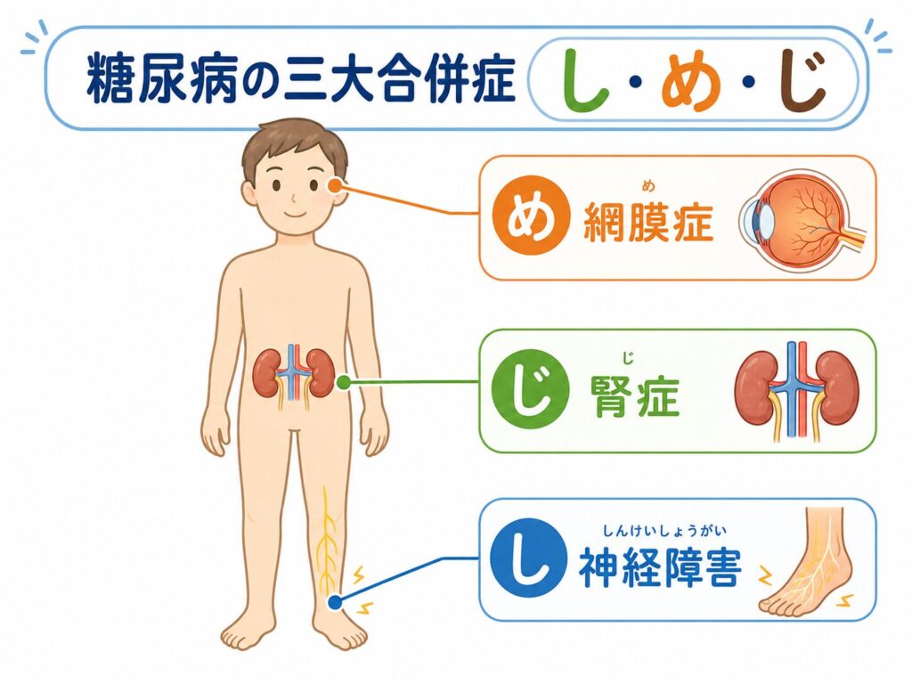 糖尿病の三大合併症 しめじ（神経障害・網膜症・腎症）を示す図