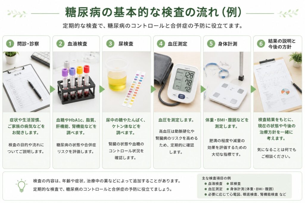 糖尿病で行う血液検査・尿検査・血圧測定など基本的な検査を示す図 