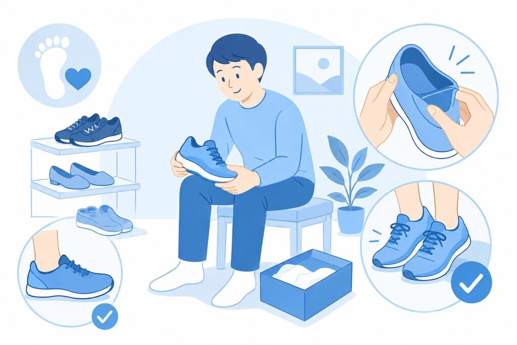 足に合った靴を選び、履く前に中を確認する様子のイラスト