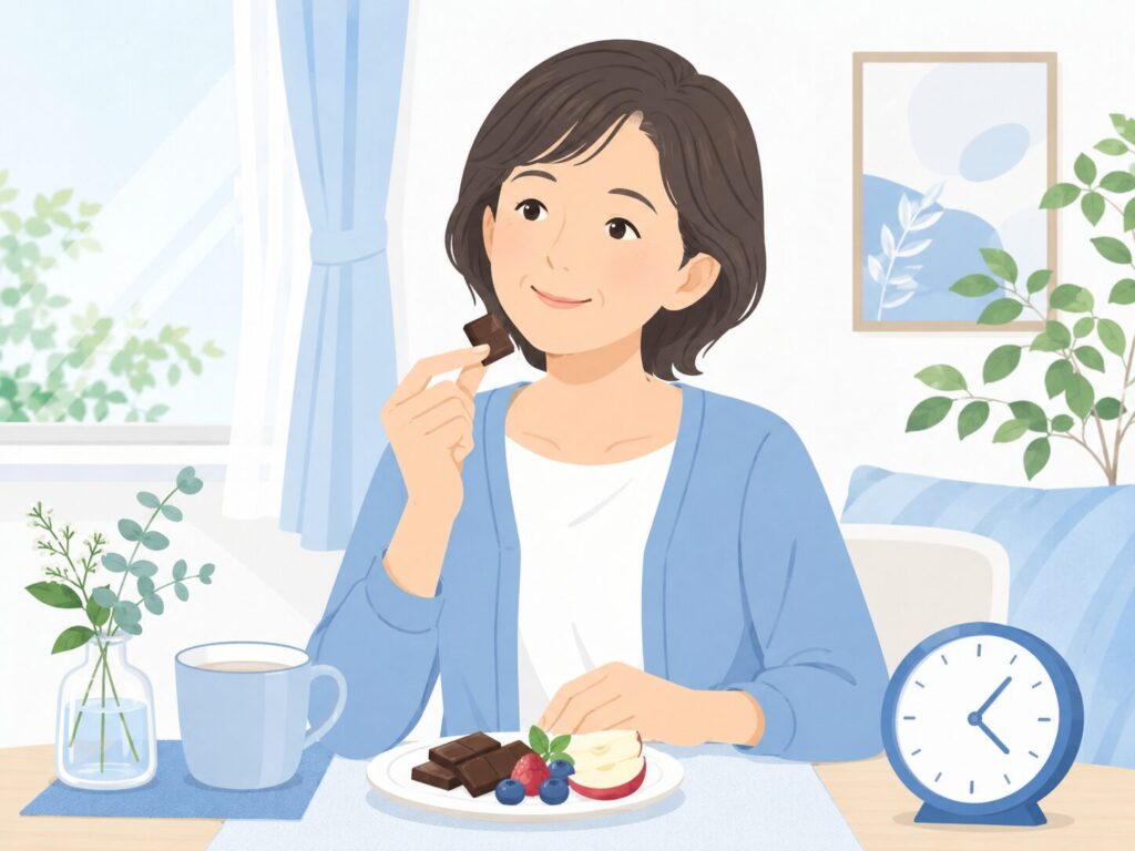 甘いものを量やタイミングを工夫して楽しむ様子のイラスト