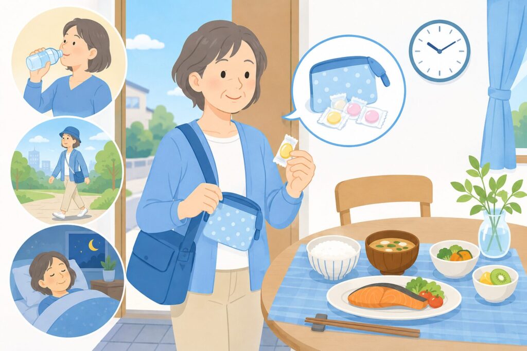 ブドウ糖の携帯や規則正しい食事など低血糖を防ぐ工夫を示したイラスト