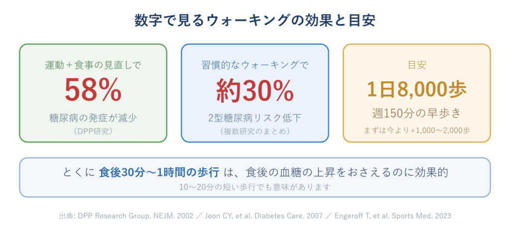 ウォーキングによる糖尿病リスク低下の数値と歩数の目安を示すインフォグラフィック