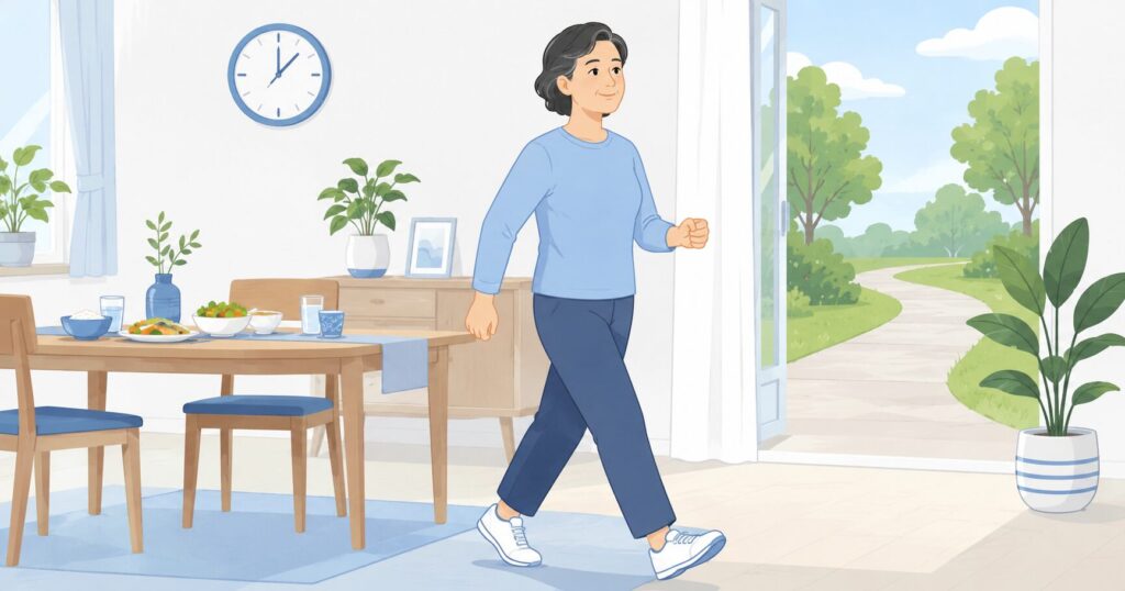 食後に軽く歩いて血糖値の上昇をおさえる様子のイラスト