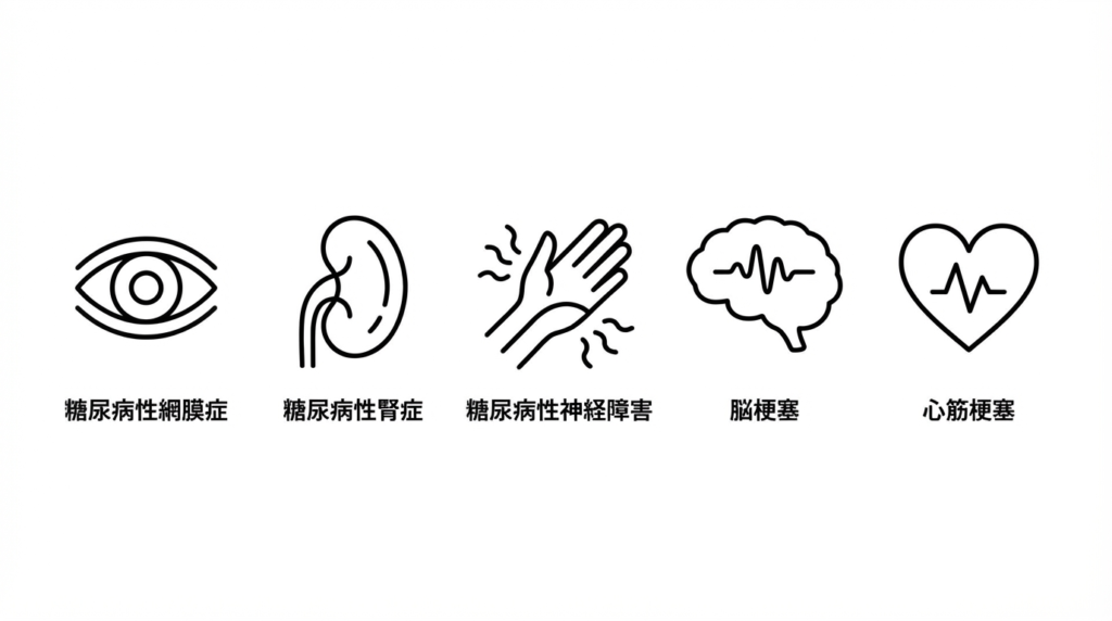 糖尿病の合併症（網膜症、腎症、神経障害）