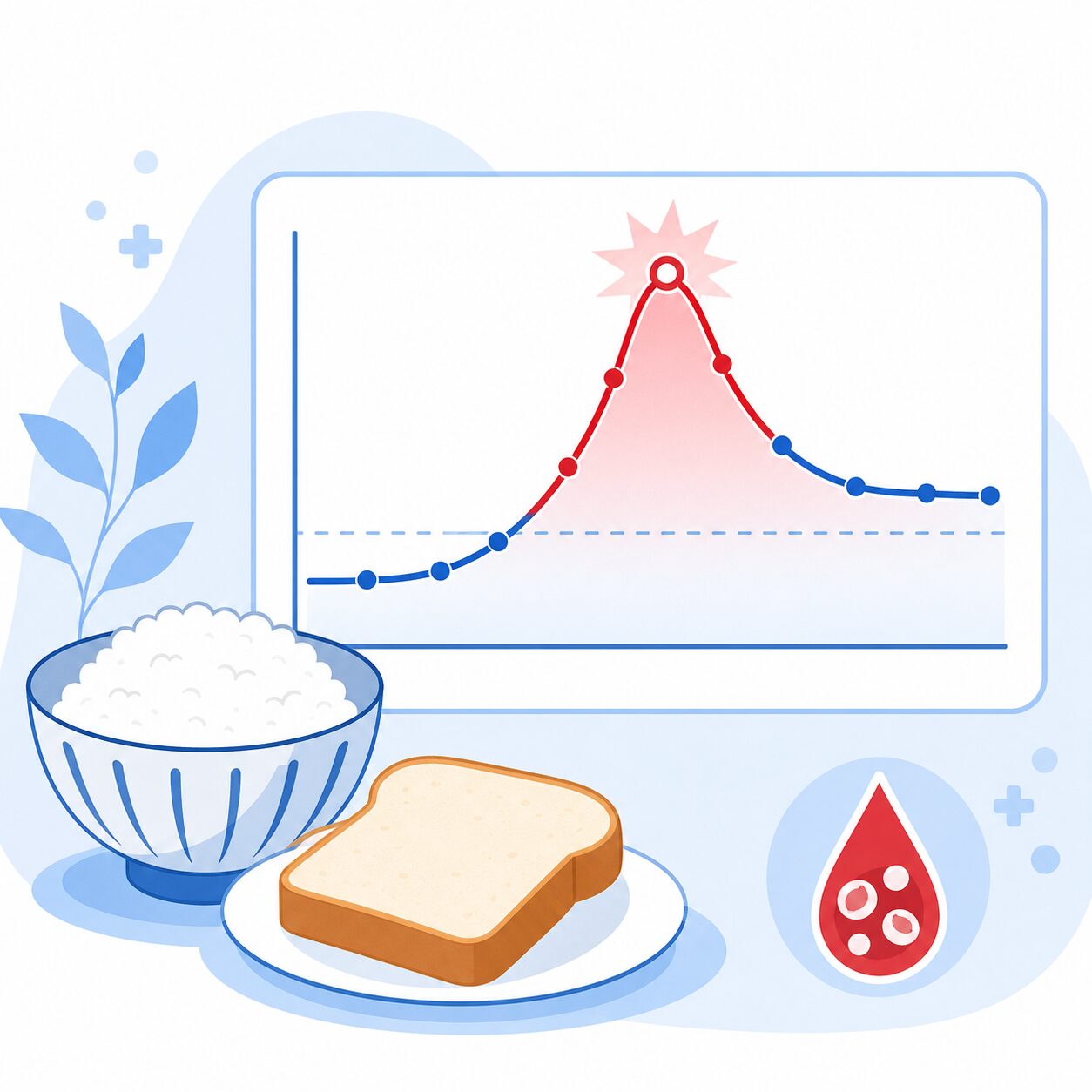 食事のあとに血糖値が急上昇する血糖値スパイクをイメージしたイラスト