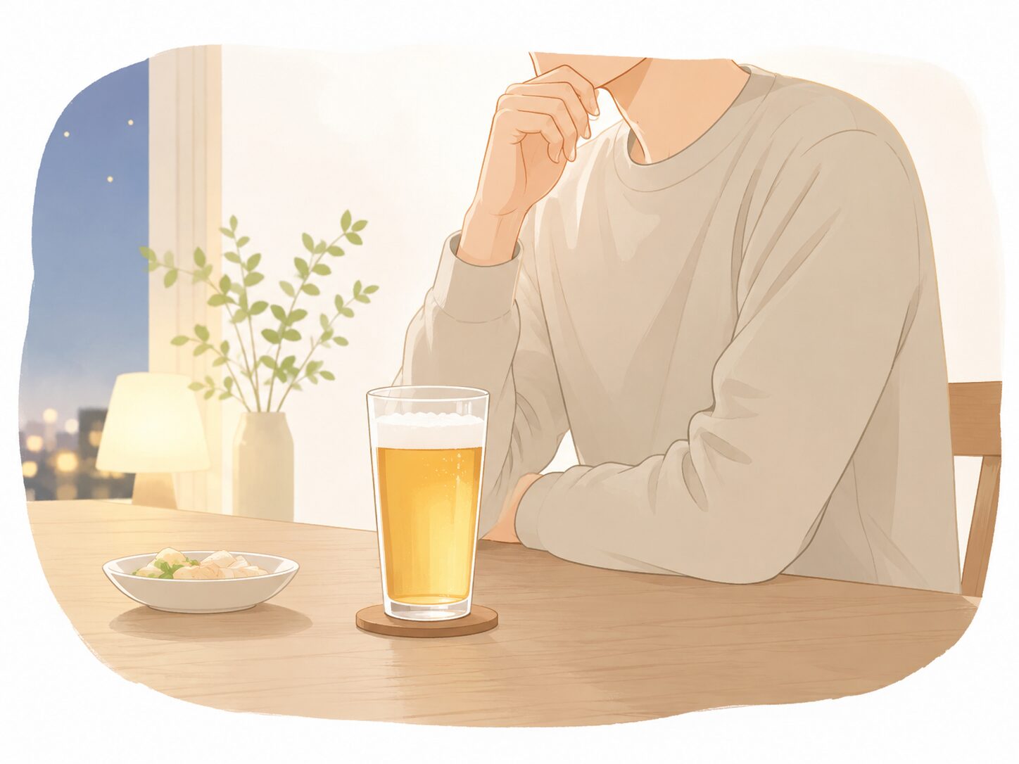 食卓でお酒のグラスを前に考える人