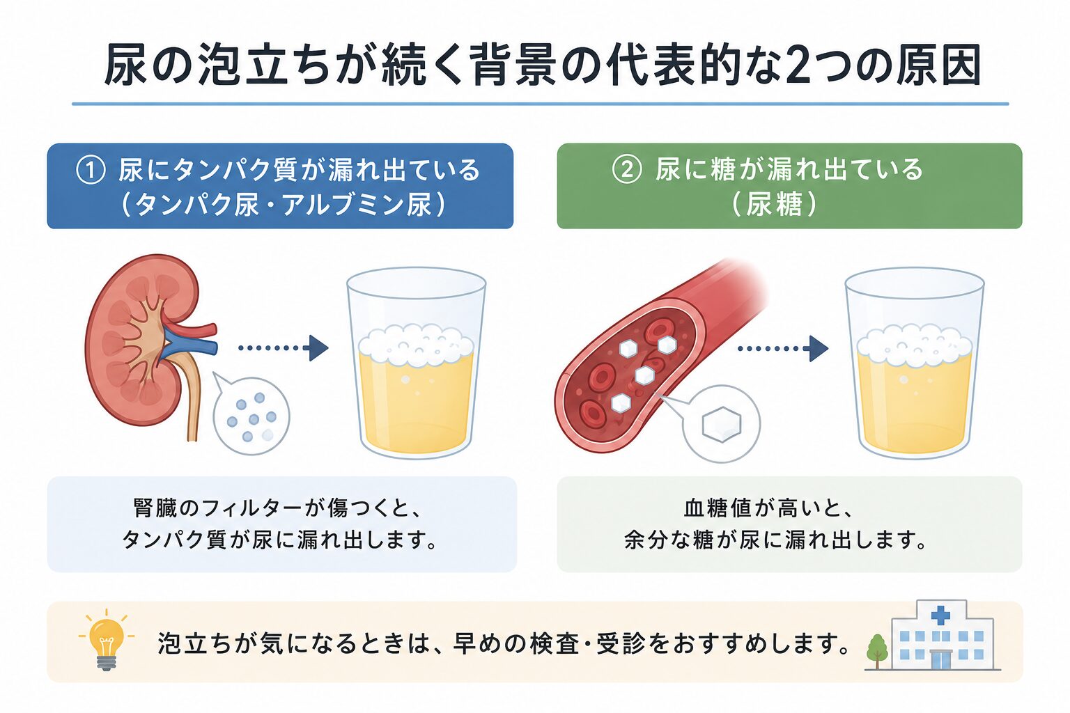 尿の泡立ちの原因（尿糖・蛋白尿）