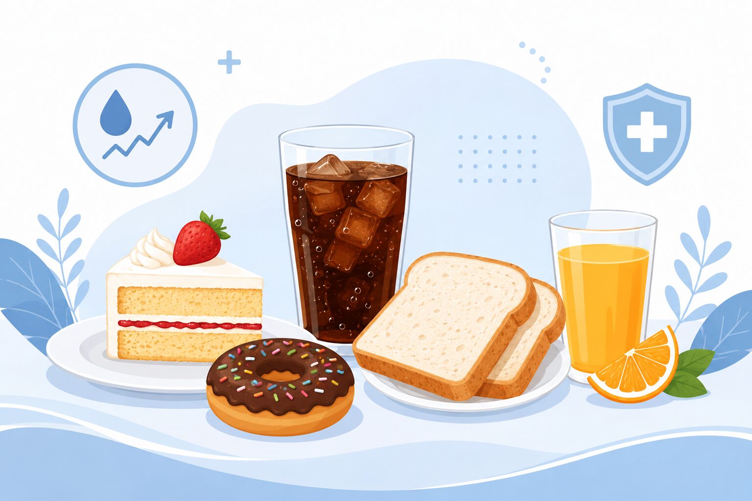 お菓子や甘い飲み物など血糖を上げやすい食べ物を並べたイラスト
