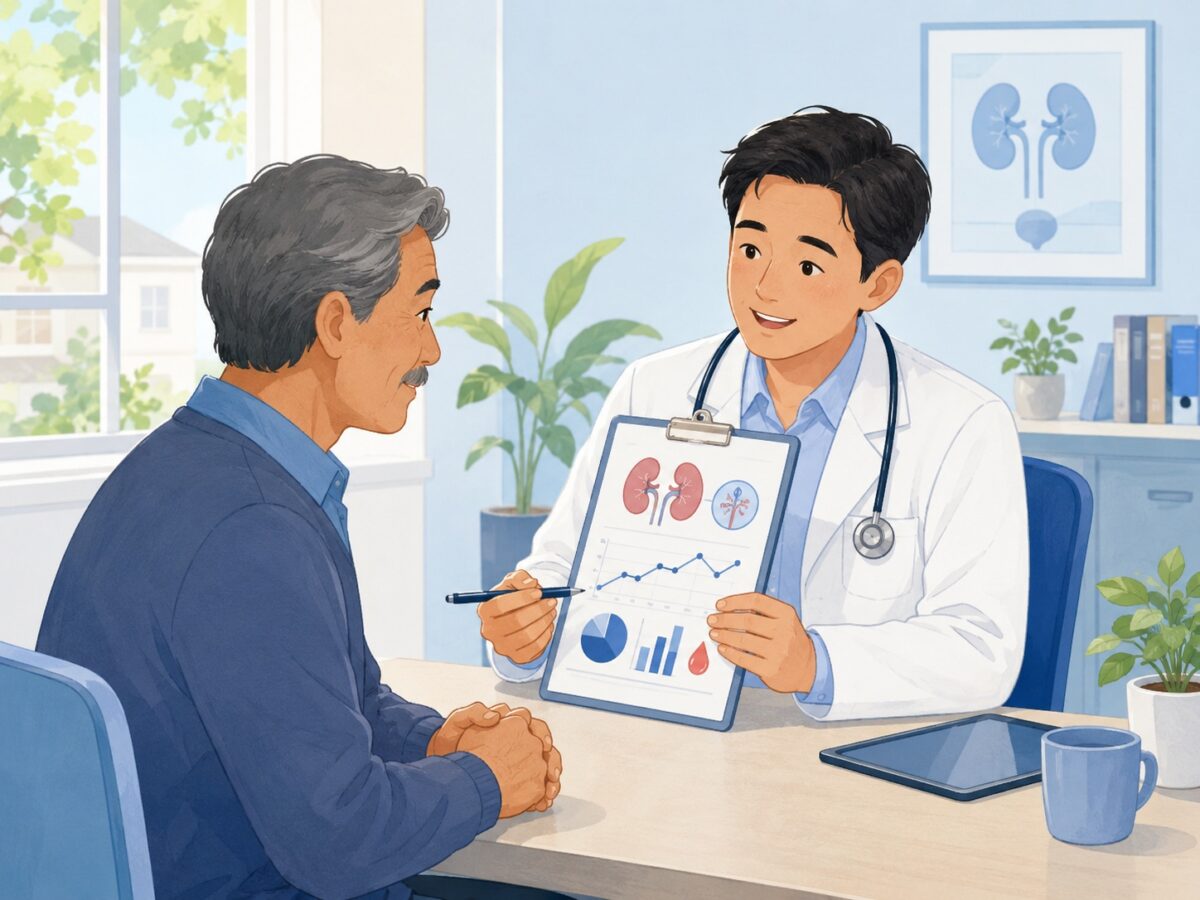 医師が糖尿病と腎臓の検査結果をもとに相談に応じる様子のイラスト
