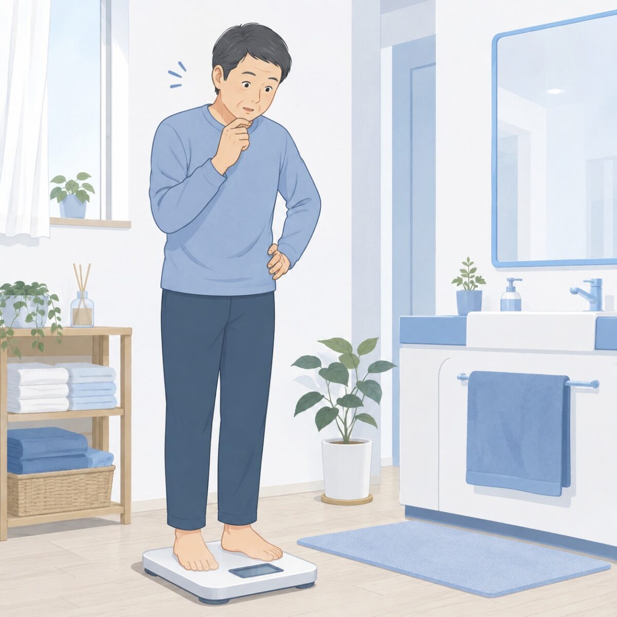 意図せず体重が減っていることに気づく人物をイメージしたイラスト