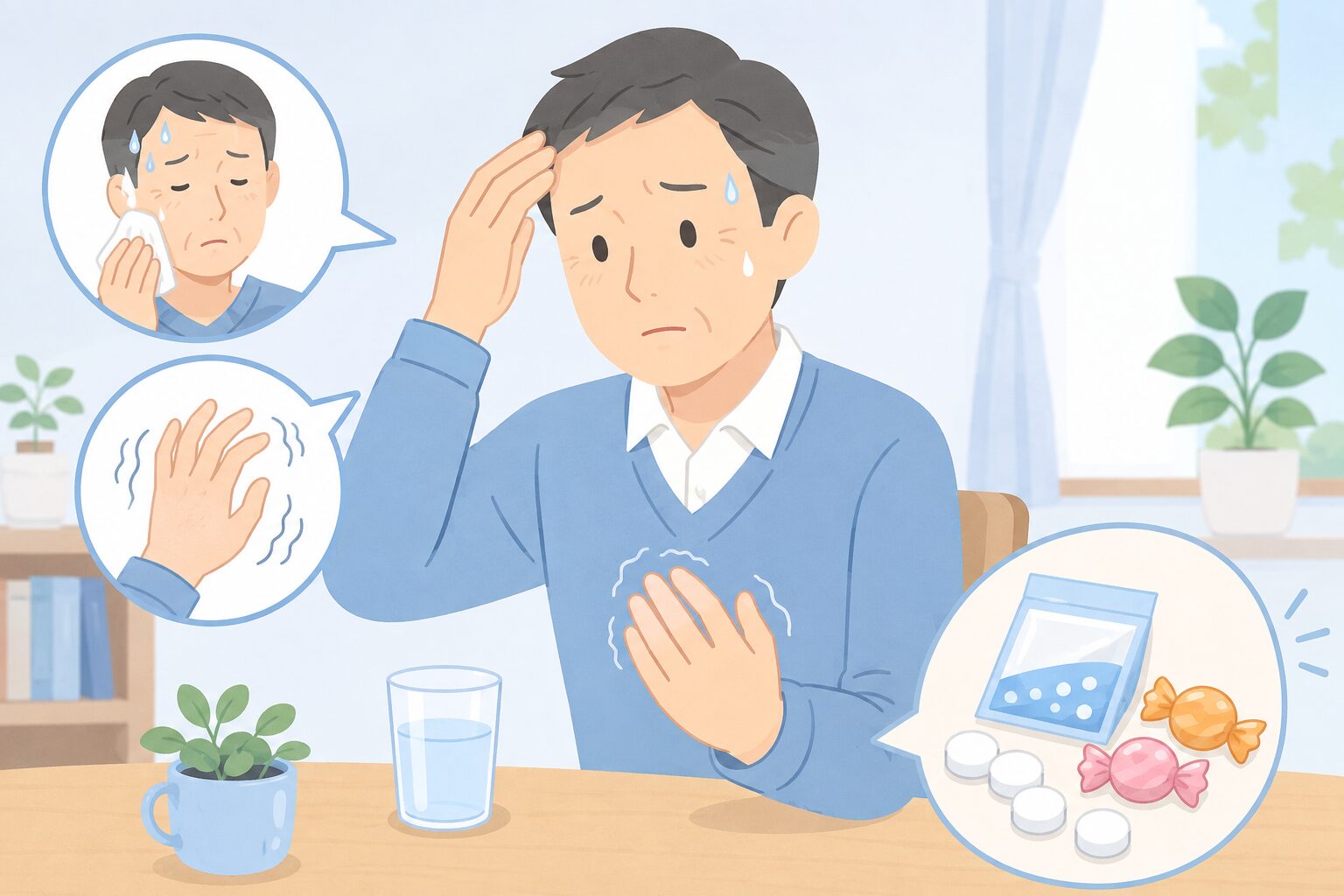 低血糖のサインとブドウ糖などの対処をイメージしたイラスト